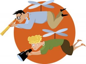 48068174 - overprotective helicopter parents hovering with a telescope and a binoculars, eps 8 vector illustration